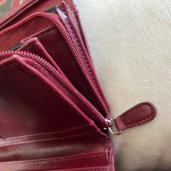 Via Roma Vintage Wallet Zippered Clutch Burgundy Snap Pockets Compartments - Picture 13 of 15